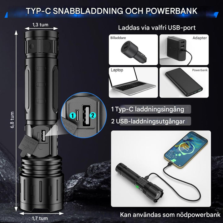 100 000 lumen taktisk ficklampa