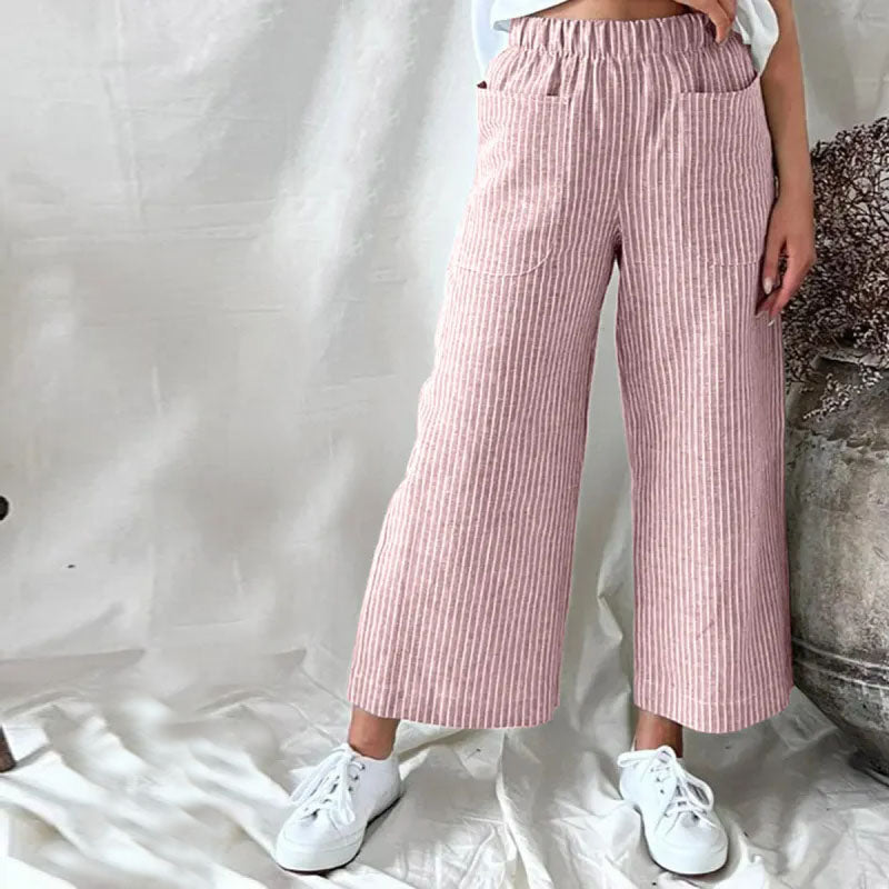 【Cotton och linne】Randiga avslappnade byxor