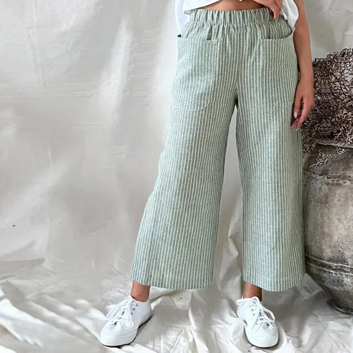 【Cotton och linne】Randiga avslappnade byxor