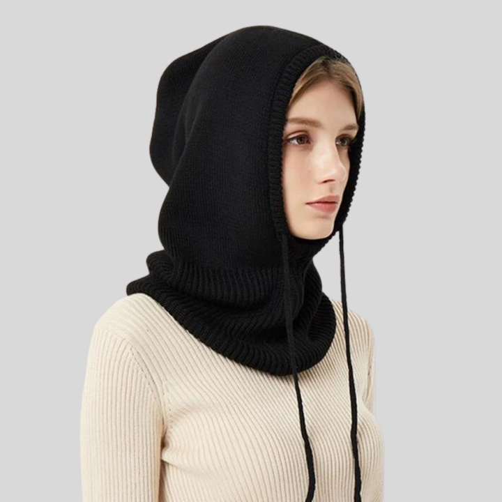 Neulottu talvikauluri hupulla