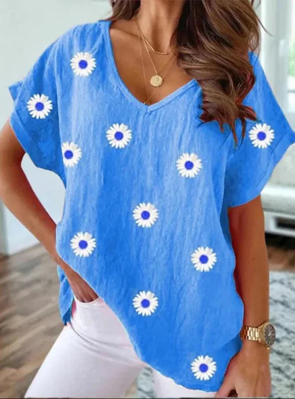 Avslappnad V-ringad t-shirt med 3D-blommönster