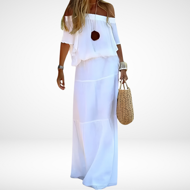 Elegant hvid off-shoulder maxi strandkjole