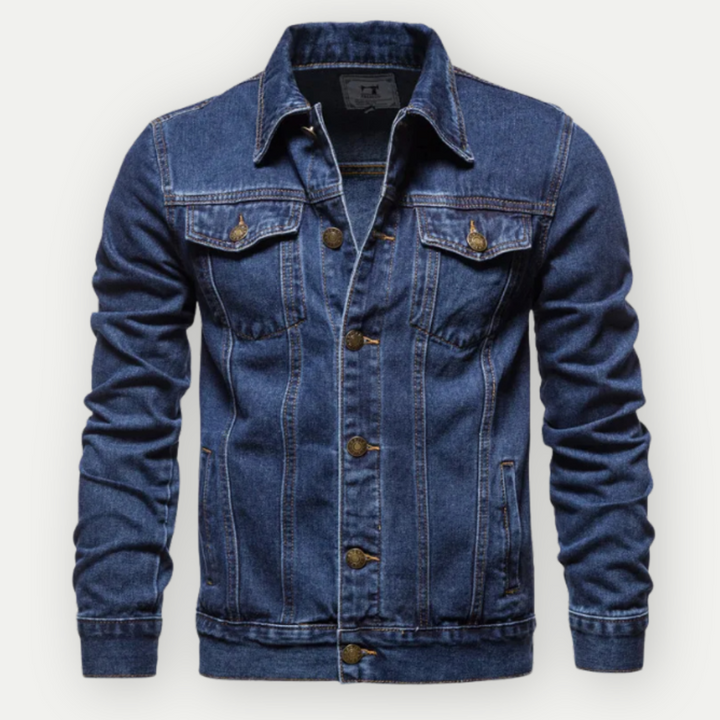 Herrjeansjacka i denim med trucker-design, klassisk stil för vardagsbruk