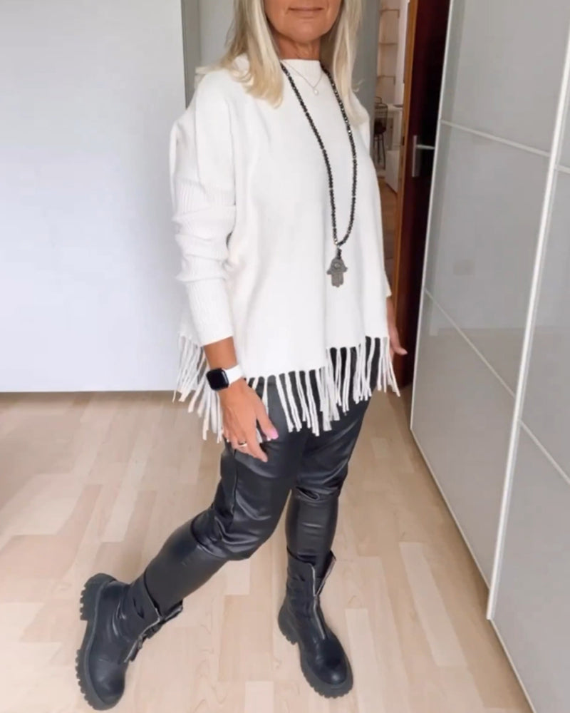Enfärgad casual tröja med fransar