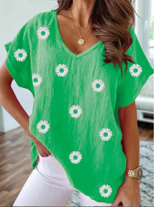 Avslappnad V-ringad t-shirt med 3D-blommönster