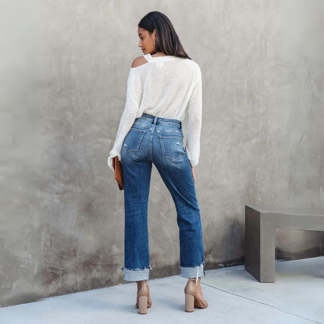 Bekväma denimbyxor med hög midja för kvinnor