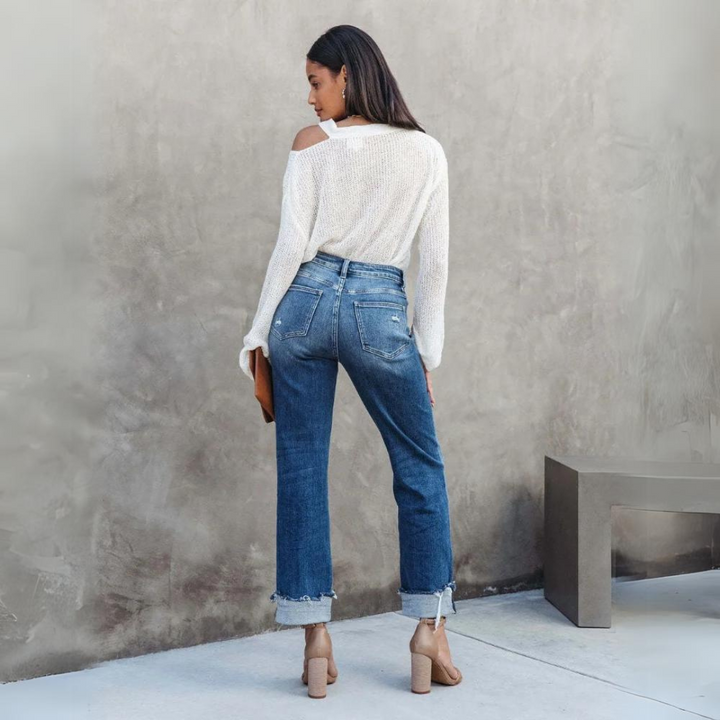 Bekväma denimbyxor med hög midja för kvinnor