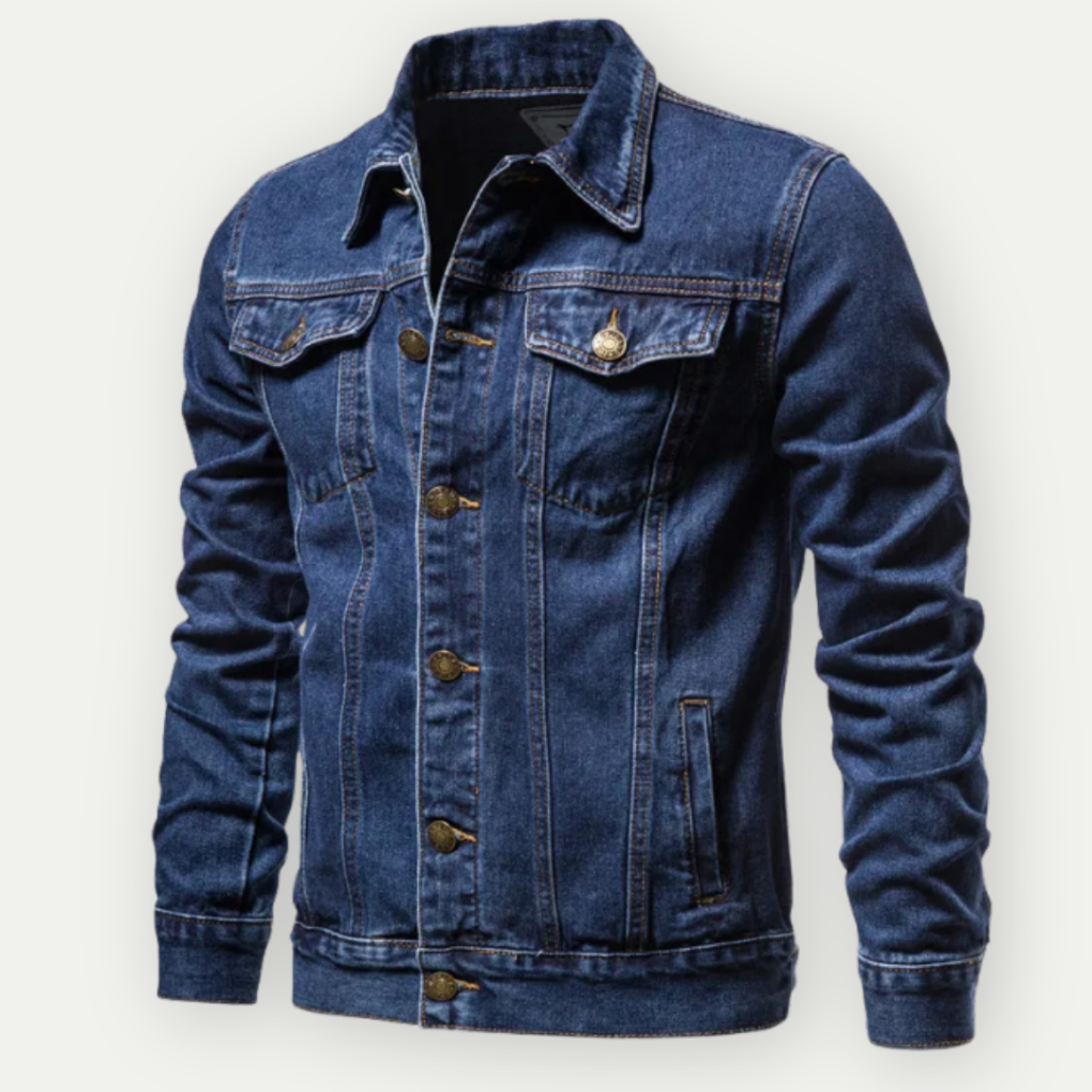 Herrjeansjacka i denim med trucker-design, klassisk stil för vardagsbruk