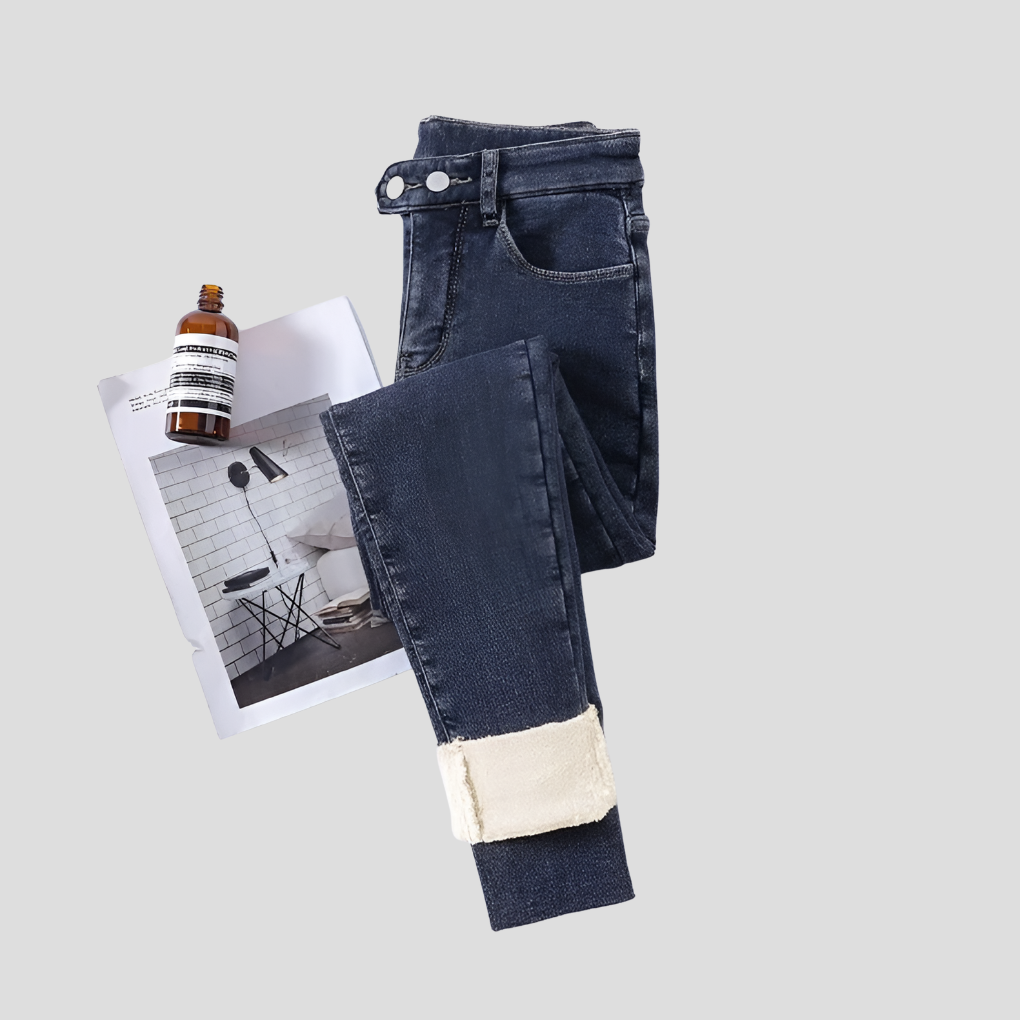 Vinterjeans med hög midja och fodrade damkläder för kalla dagar