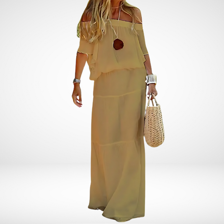 Elegant hvid off-shoulder maxi strandkjole