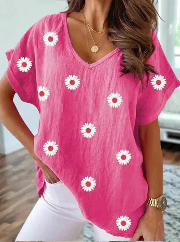 Avslappnad V-ringad t-shirt med 3D-blommönster