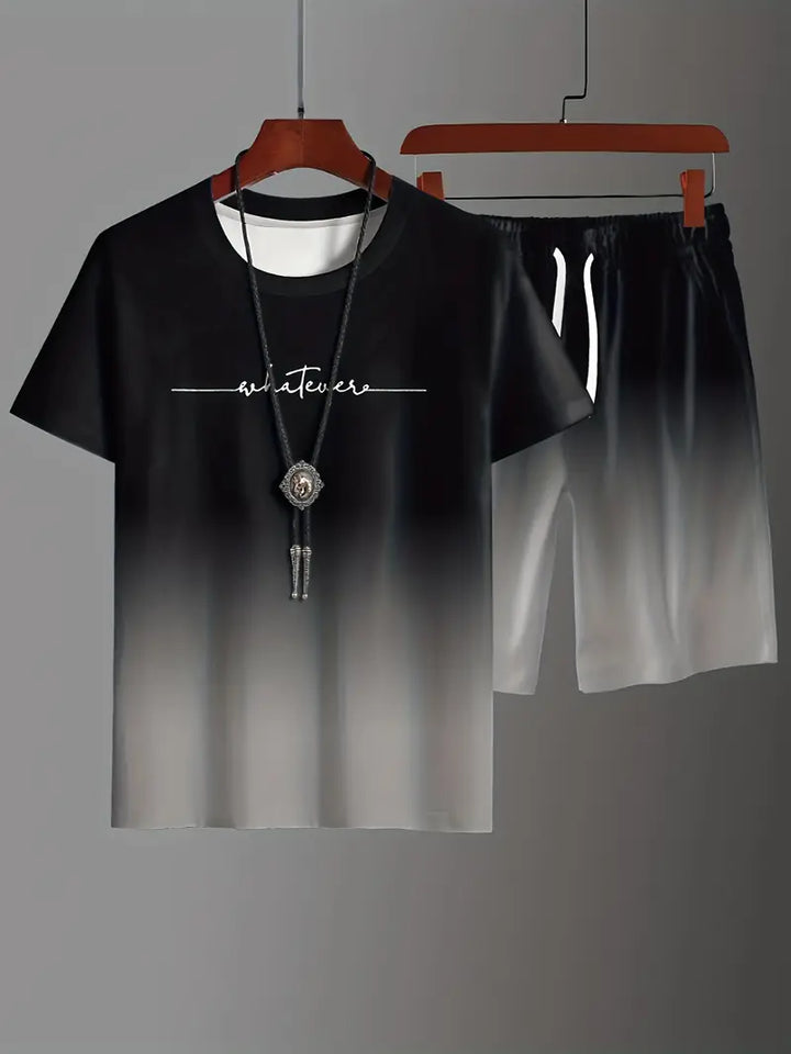 Färggradient outfit set T-shirt med bokstavstryck och shorts med dragsko