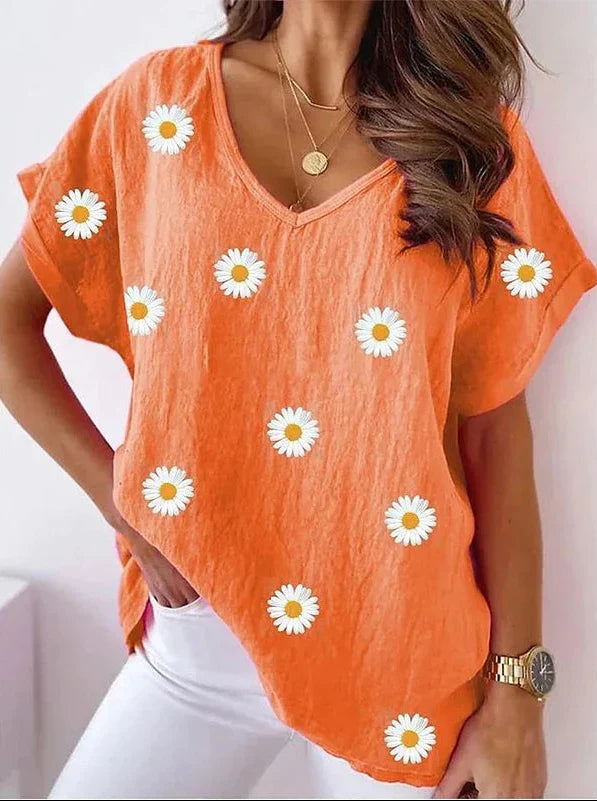 Avslappnad V-ringad t-shirt med 3D-blommönster
