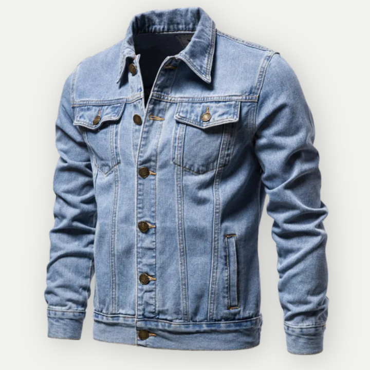 Herrjeansjacka i denim med trucker-design, klassisk stil för vardagsbruk
