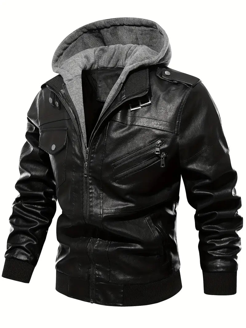 Jack - Snygg PU-syntetisk stoffjakke med hette og glidelås for herrer