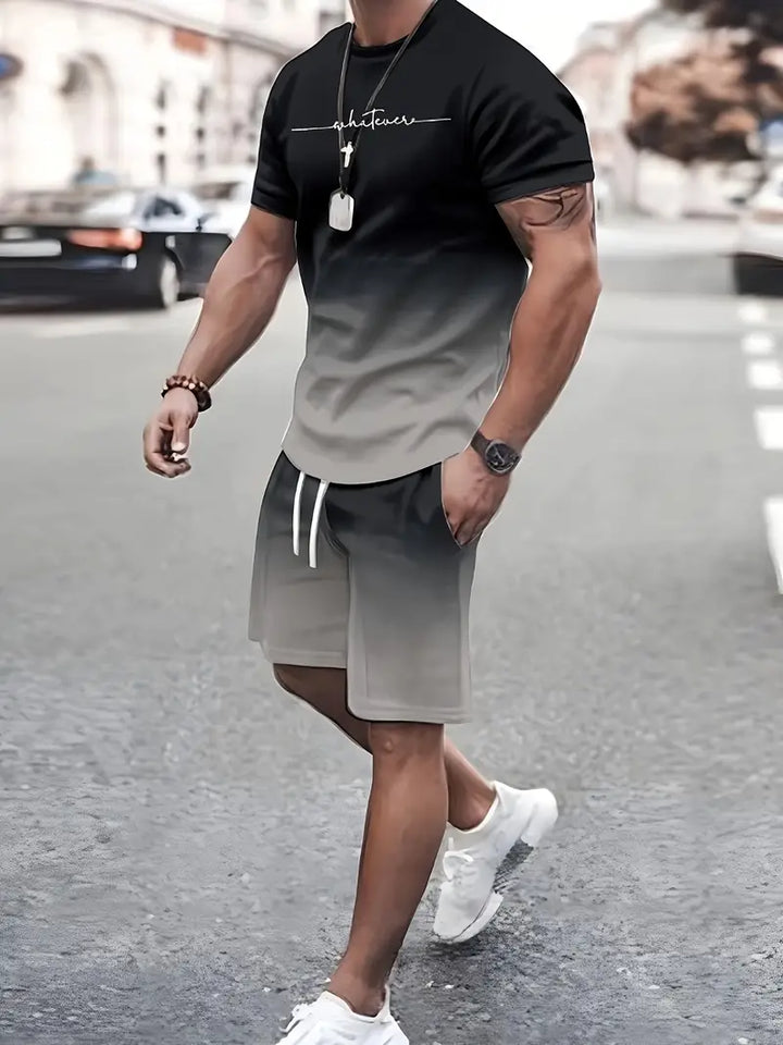Färggradient outfit set T-shirt med bokstavstryck och shorts med dragsko