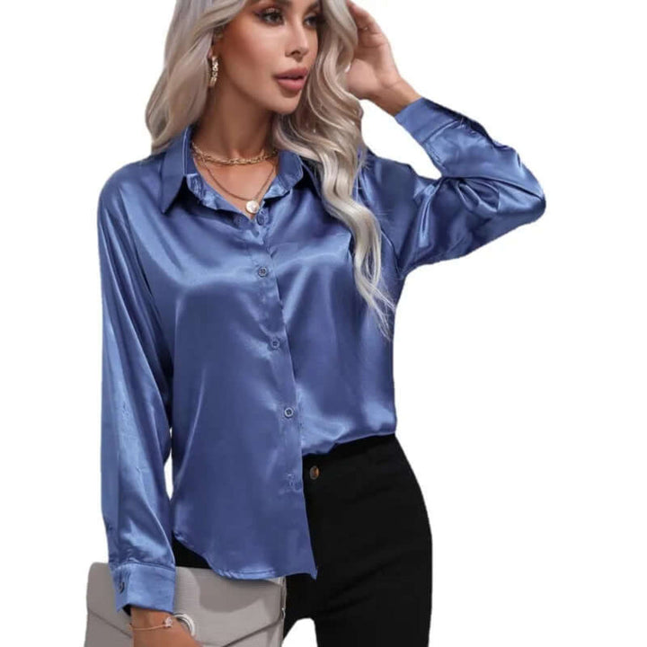 Löst sittande långärmad blus i satin för kvinnor