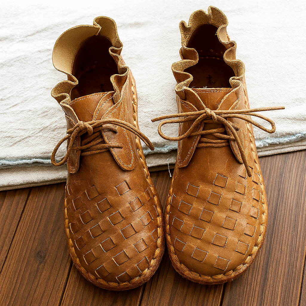 Retro Mori Girl-stil med konstnärlig känsla – handgjorda flats i koskinn