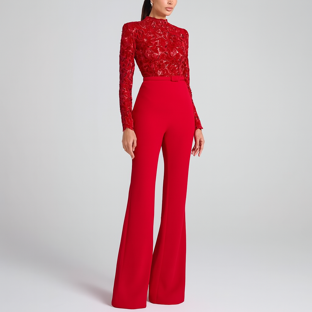 Elegant jumpsuit med broderad spetstopp för kvinnor