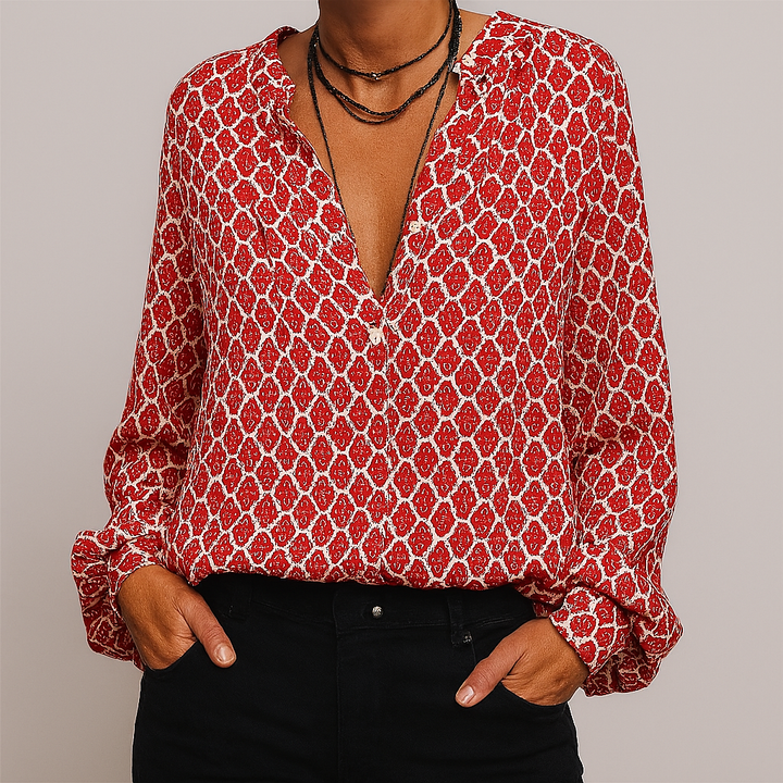 Mönstrad elegant blus med v-ringning