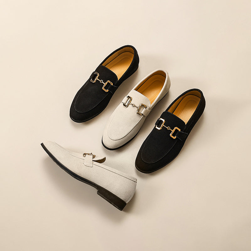 Elegante herreloafers i børstet stoff med horsebit-detalj