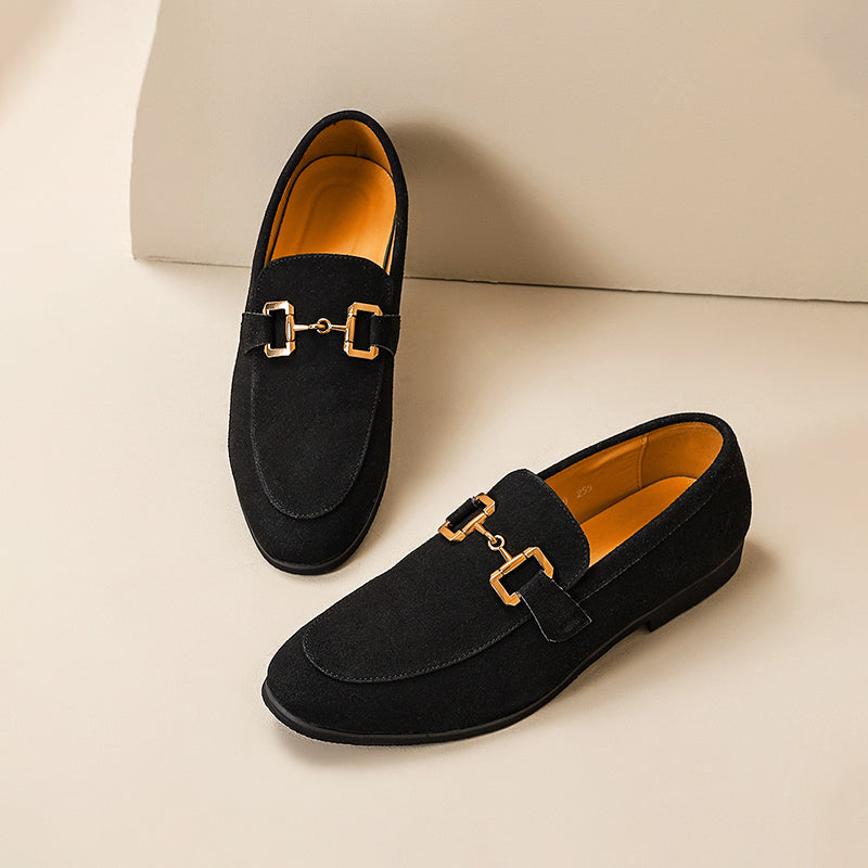 Elegante herreloafers i børstet stoff med horsebit-detalj