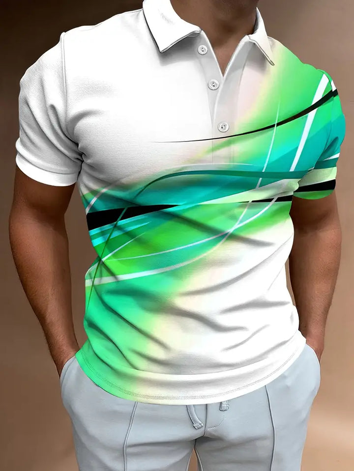 Avslappnad, kortärmad T-shirt med halv knapp och geometriskt mönster