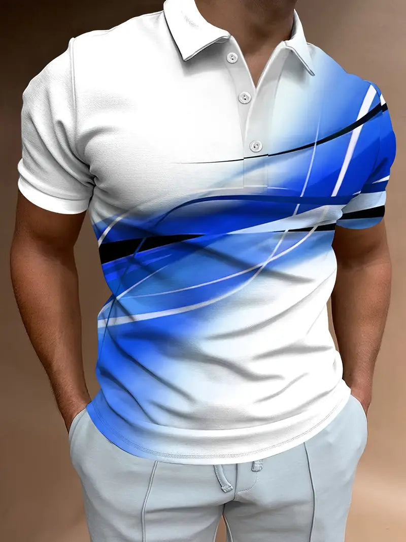 Avslappnad, kortärmad T-shirt med halv knapp och geometriskt mönster