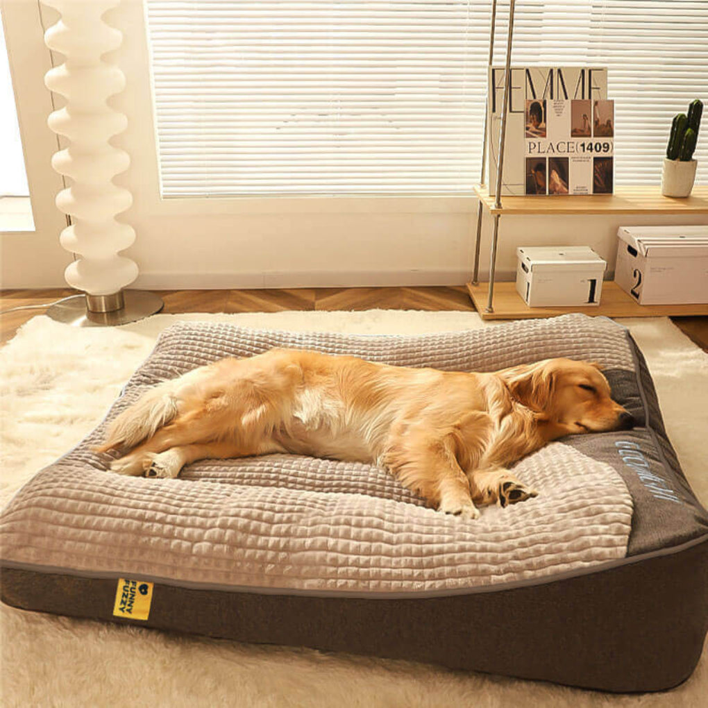 Großes dickes, kratzfestes Hundekissenbett mit Wirbelsäulenschutz und hoher Kopflehne, ideal für große Hunderassen.