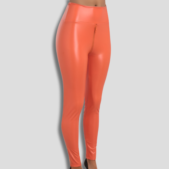 Eleganta glänsande leggings med dragkedja