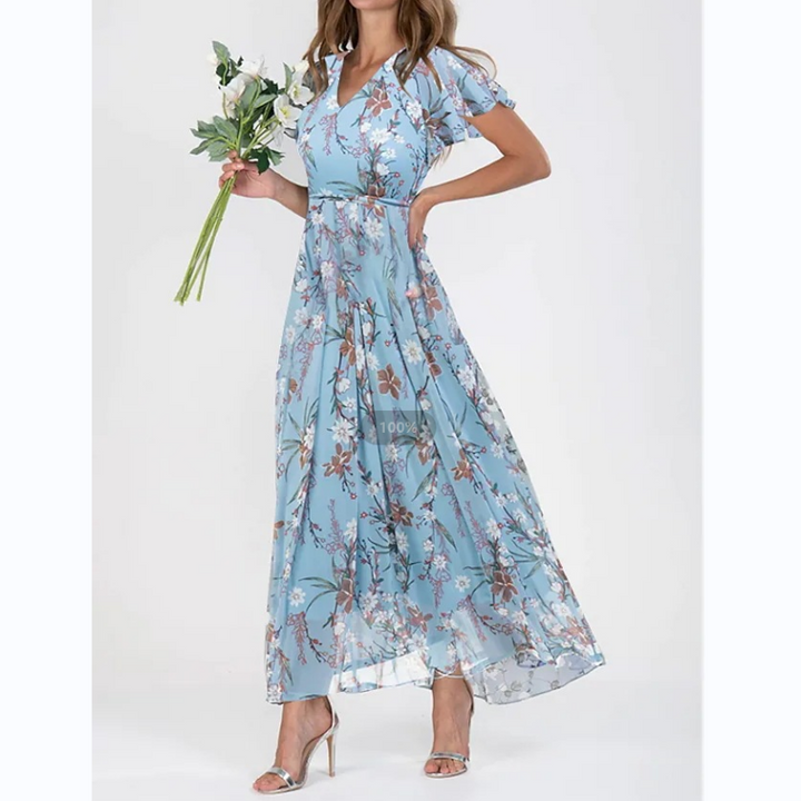 Maxikjole med sommerfugleærmer og blomsterprint