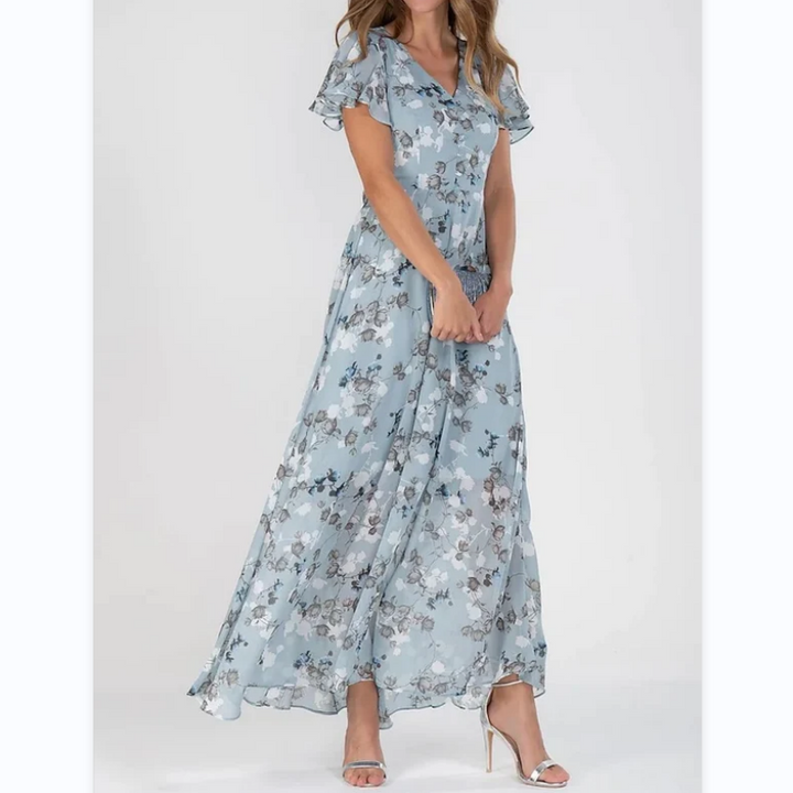 Maxiklänning med fjärilsärmar och blommönster