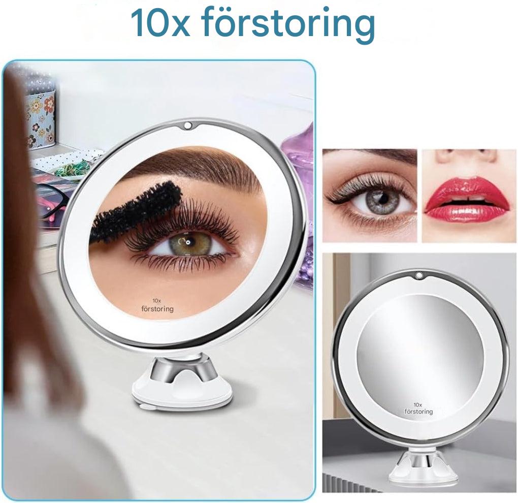 LED-sminkspeil med 10x forstørrelse