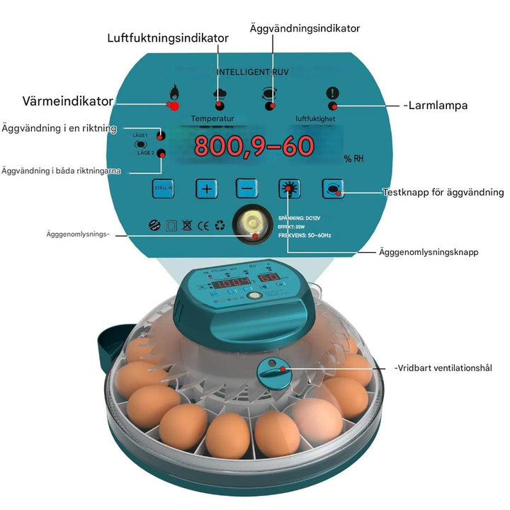 15 egginkubator med automatisk fuktighetskontroll