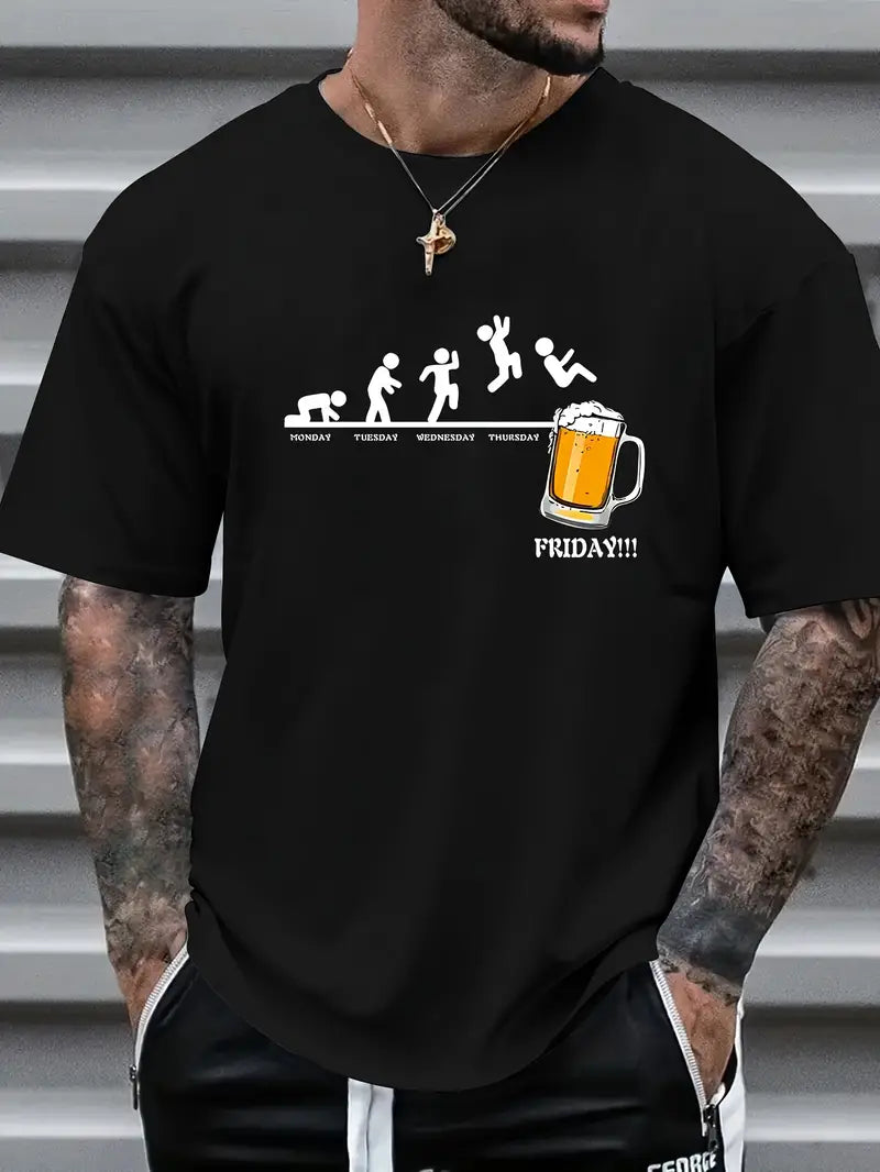 Creative Beer Graphic Print Tee Casual Kortärmad Rund Hals Skjorta