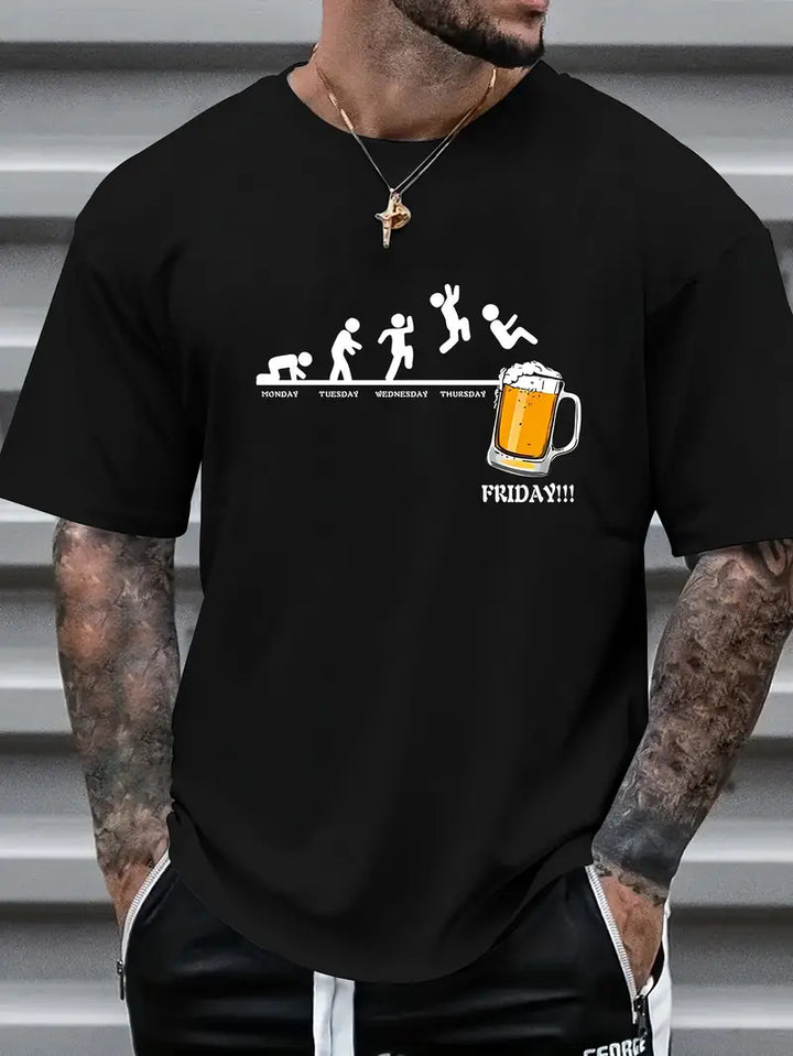 Creative Beer Graphic Print Tee Casual Kortärmad Rund Hals Skjorta