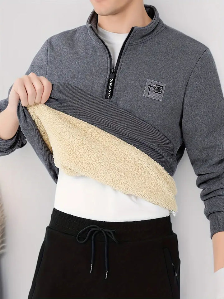 Walter - Mysig sweatshirt i bomullsblandning med V-ringning och fleecefoder i sherpa