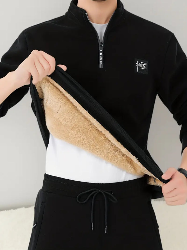 Walter - Mysig sweatshirt i bomullsblandning med V-ringning och fleecefoder i sherpa