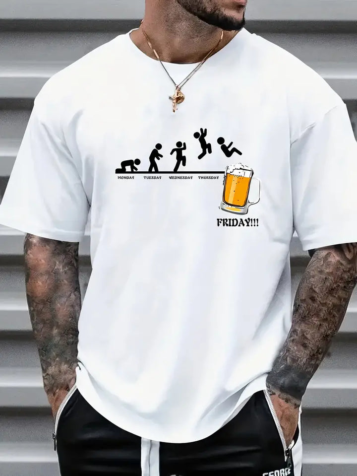 Creative Beer Graphic Print Tee Casual Kortärmad Rund Hals Skjorta