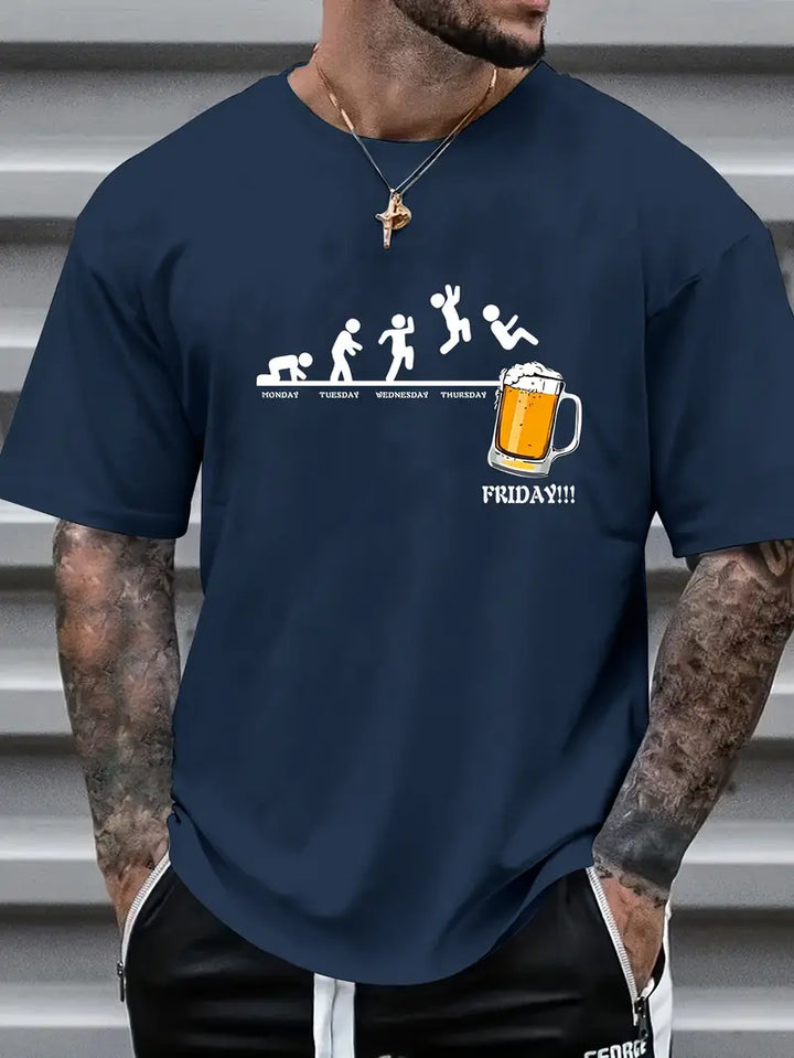 Creative Beer Graphic Print Tee Casual Kortärmad Rund Hals Skjorta