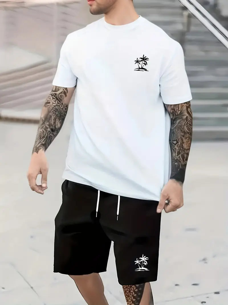 Set med t-shirt med kokosnötsträdsmönster och shorts med dragsko